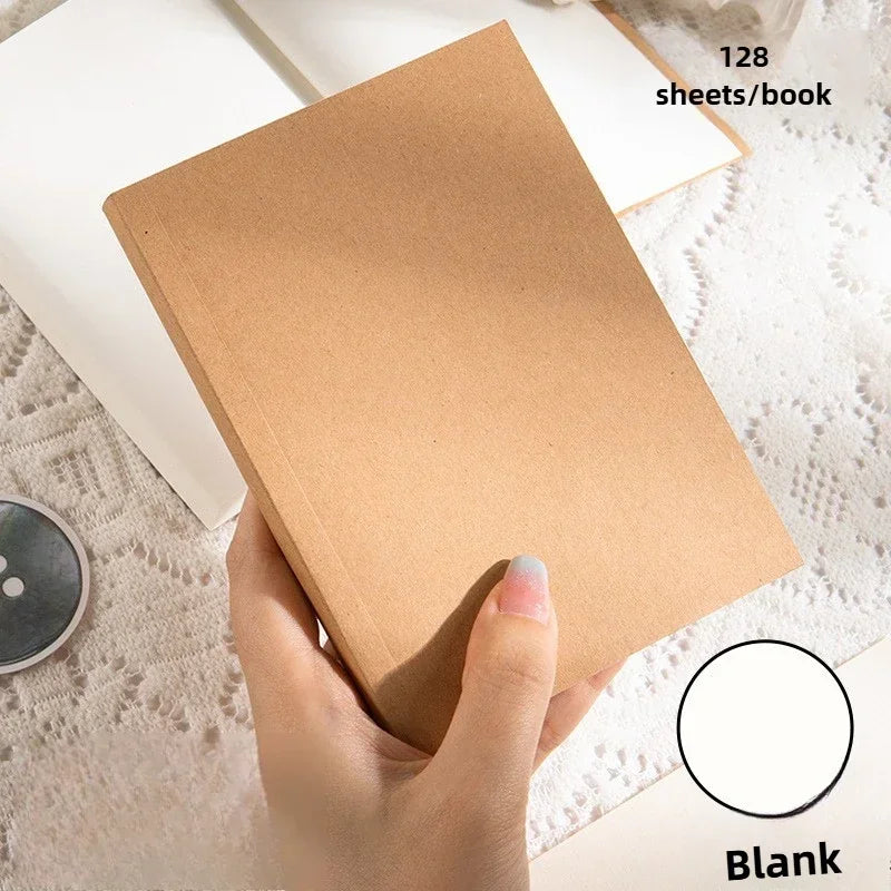 A6 Pocket Thickened Notebook 256 Pages 128 Sheets Line Blank Grid Inner Pages Kraft Paper Cover Small Notepad Book