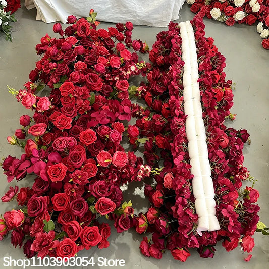 Red Rose Flower Row Artificial Floral Panel Stylish Deco Accessory Ideal For Wedding Background Stage Holiday Party Event Layout