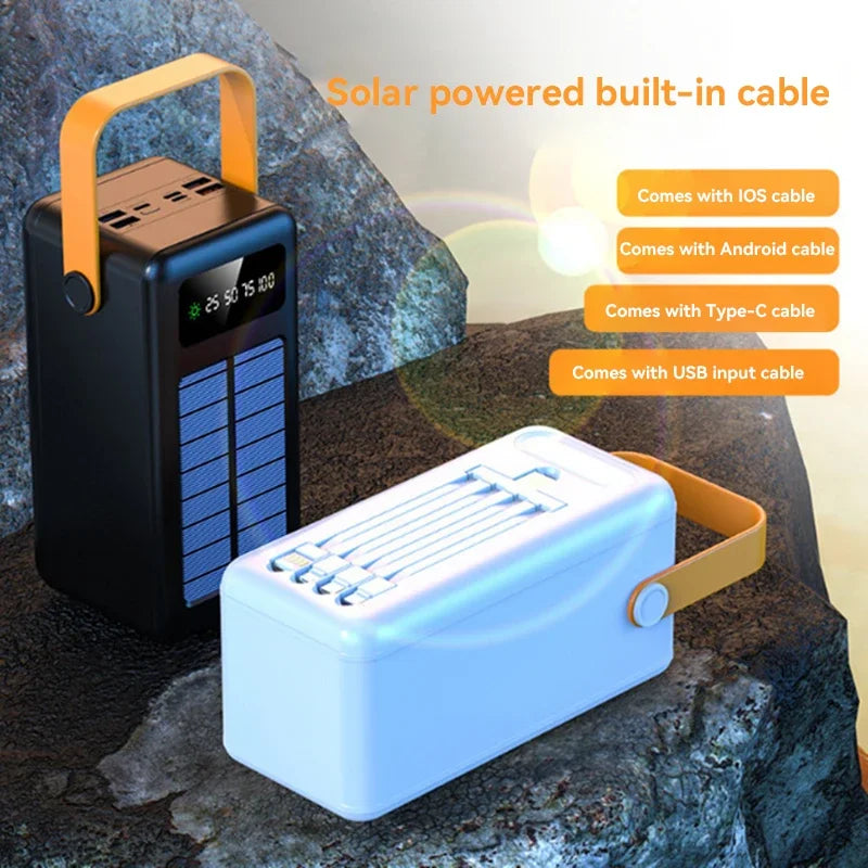 100000mAh Power Bank Portable Charger with Solar Panel, Fast Charging External Battery Pack, 4 Cables, Flashlight