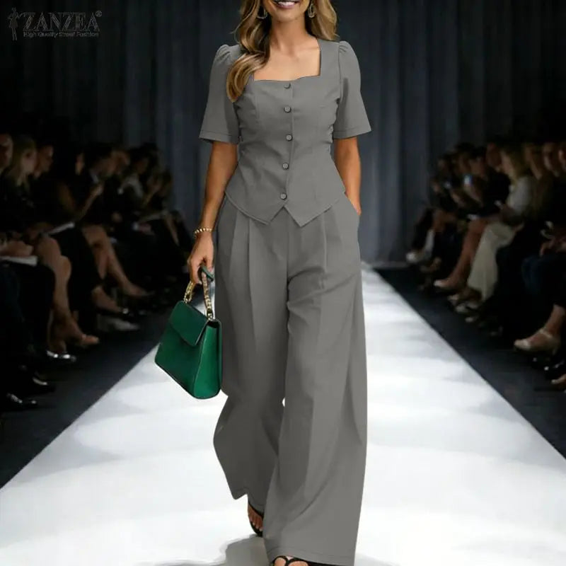 2PCS Women OL Work Outfits ZANZEA Summer Square Neck Short Sleeve Blouse Wide Leg Pant Sets Solid Color 2 Pieces Sets Tracksuit