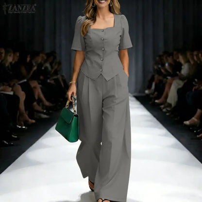 2PCS Women OL Work Outfits ZANZEA Summer Square Neck Short Sleeve Blouse Wide Leg Pant Sets Solid Color 2 Pieces Sets Tracksuit