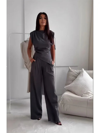 Casual Solid Color Two Piece Set Woman Outfit 2025 Summer Fashion Slim High Waist Tops And Trousers Pant Sets Suit