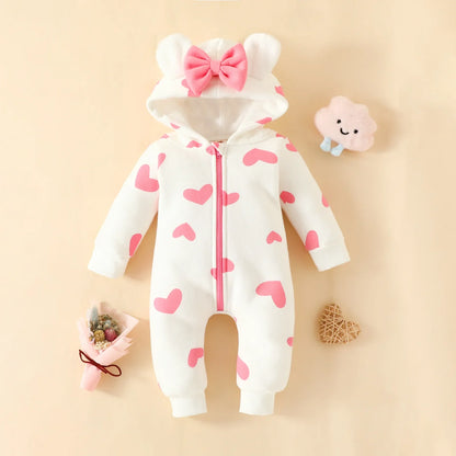 Newborn Baby Romper Love Printed Clothes Hooded Children Girl 0-1 Years Autumn Spring Infant Boy Jumpsuit Outfits 3 6 Months