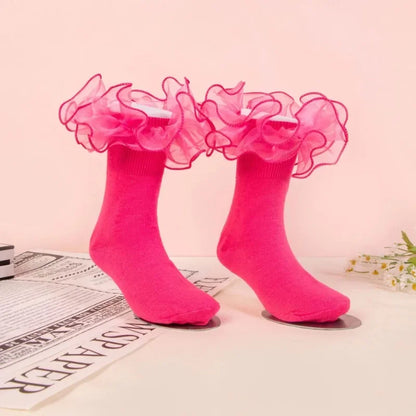 1 Pair Girls' Puffy Lace Socks Children's Combed Cotton Lace Lace Socks Baby Girl Skirt Accessories Solid Color Socks
