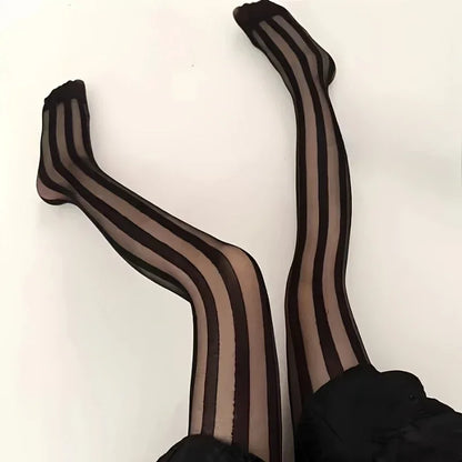Women's Vintage Sexy Sheer Wide Vertical Stripe Pantyhose Tights Retro Classic Hosiery