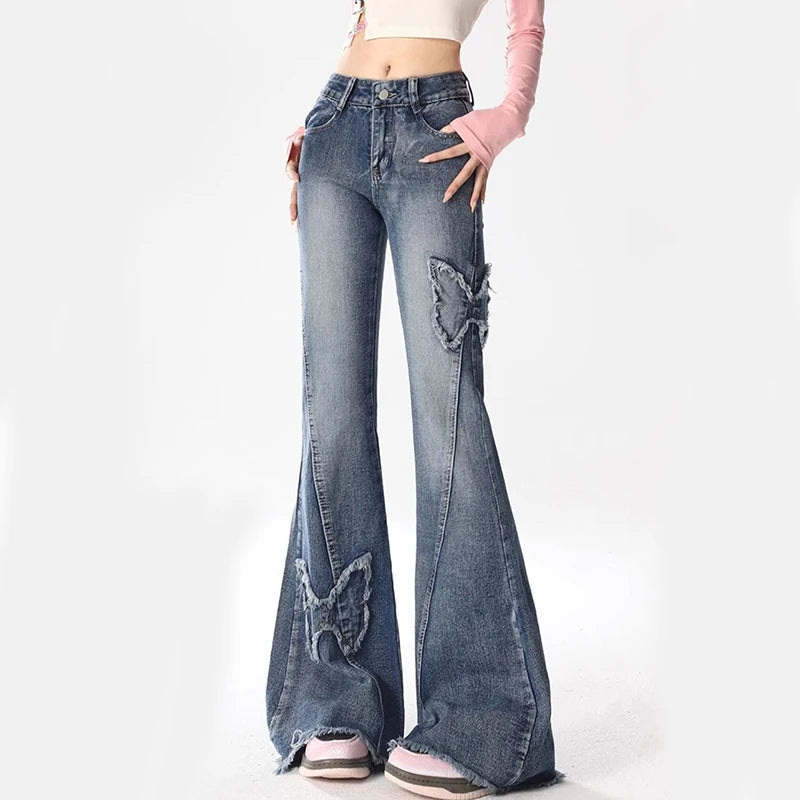 Y2K Streetwear Bootcut Jeans Women Vintage Butterfly Tassel Casual Denim Pants Female Harajuku Spring Summer High Waist Trouser