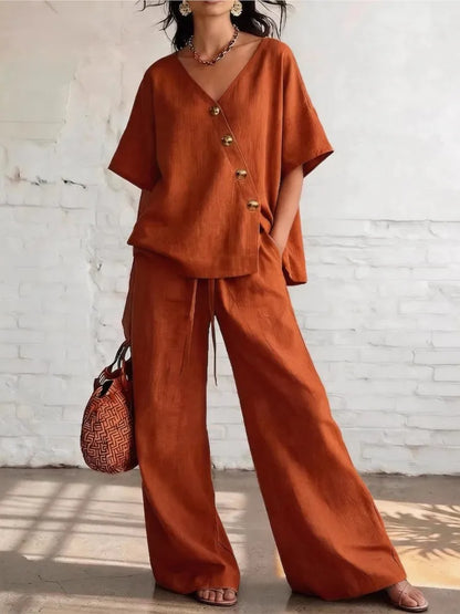 Casual Loose Pants Sets Women Summer 2026 Fashion Short Sleeve V-neck Tops And Wide Leg Pant 2 Piece Set Woman Outfits