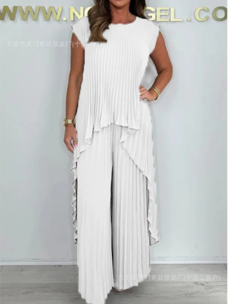 Summer Solid Casual Holiday Two Piece Sets Elegant Women Pleated Irregular O Neck Sleeveless Top + Wide-leg Pants Loose Outfits