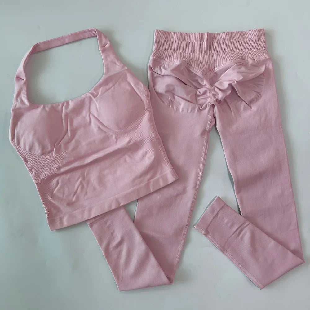1-2pcs Gym Set Women Backless Tank Tops High Waist Scrunch Seamless Shorts High Waist Yoga Leggings Workout Sets Gym Suit
