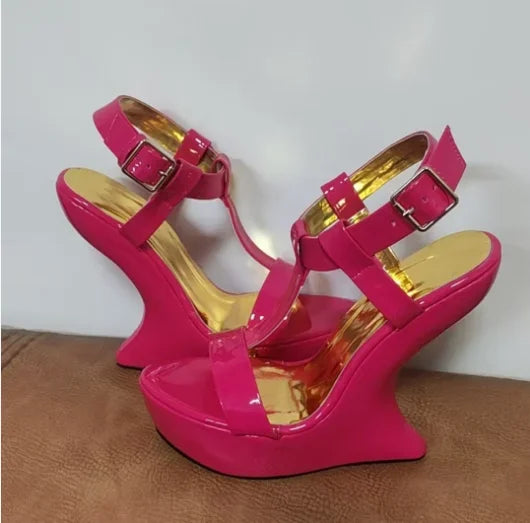 Strange Style Heel Women Novelty Shoes Metallic Leather Fashion High Heels Slingback T-Tied Mixed Color Summer Sandals