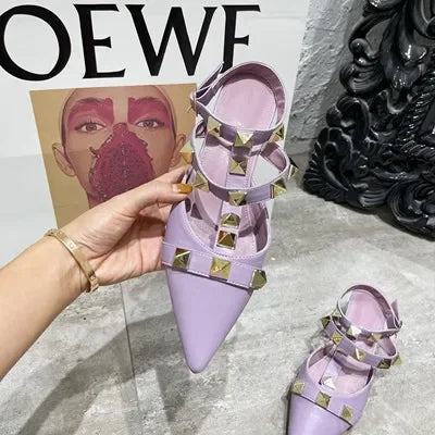 2024 New Rivet Pointed Thin Heel Baotou Half Slipper Female Middle Heel Shallow Mouth Lazy Mueller Shoes