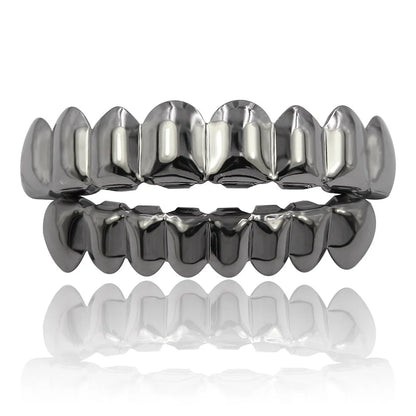 YOUNGX Top Bottom Smooth Black Color Teeth Grillz Braces Hip Hop Glossy Tooth Caps For Women Men Jewelry Wearable Dental Grills