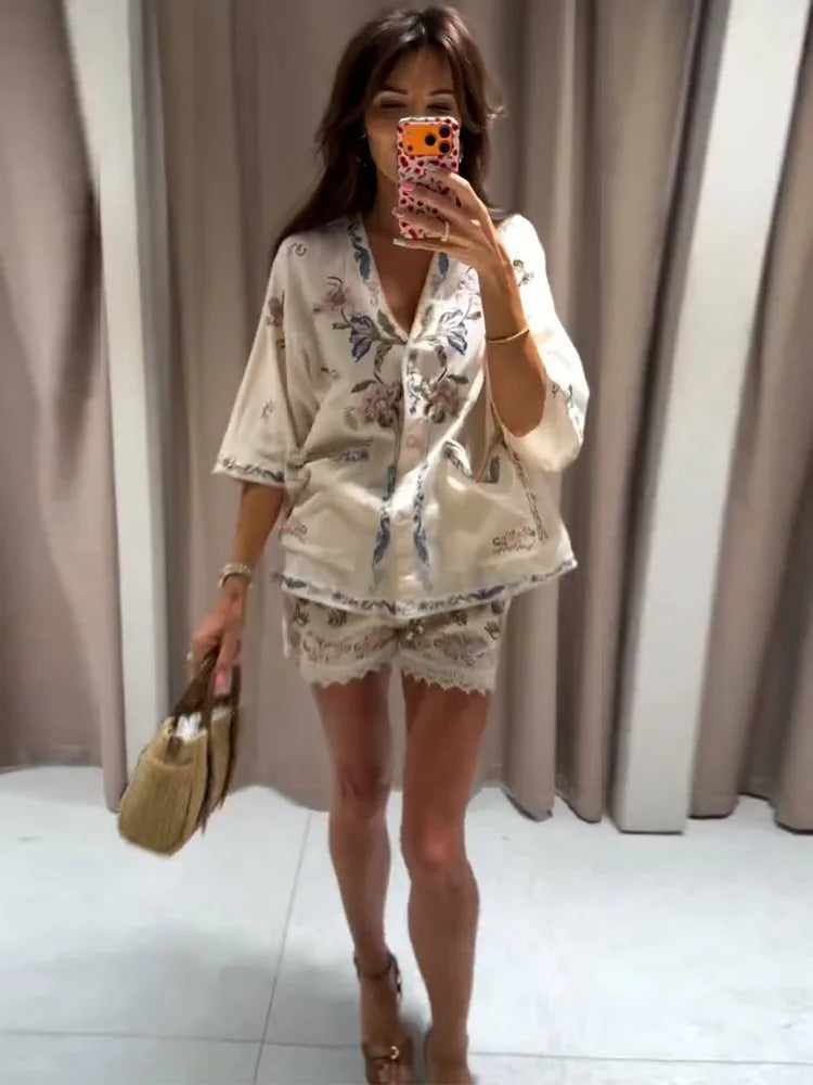 Floral Embroidered Linen-Blend Kimono Half-Sleeve Shirt & Lace Trim Shorts 2-Piece Set 2026 Summer Casual Women Office Outfit