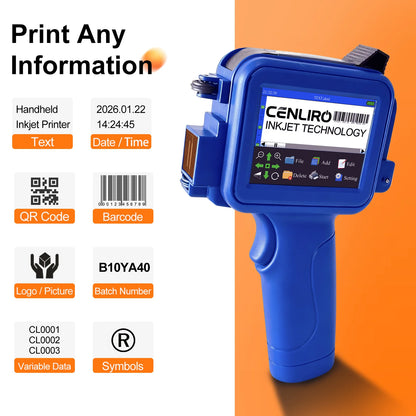 Cenliro Mini Handheld Inkjet Printer CL11P with Black Fast-drying Ink Cartridge for Date Batch Number Logo Code On Any Surfaces