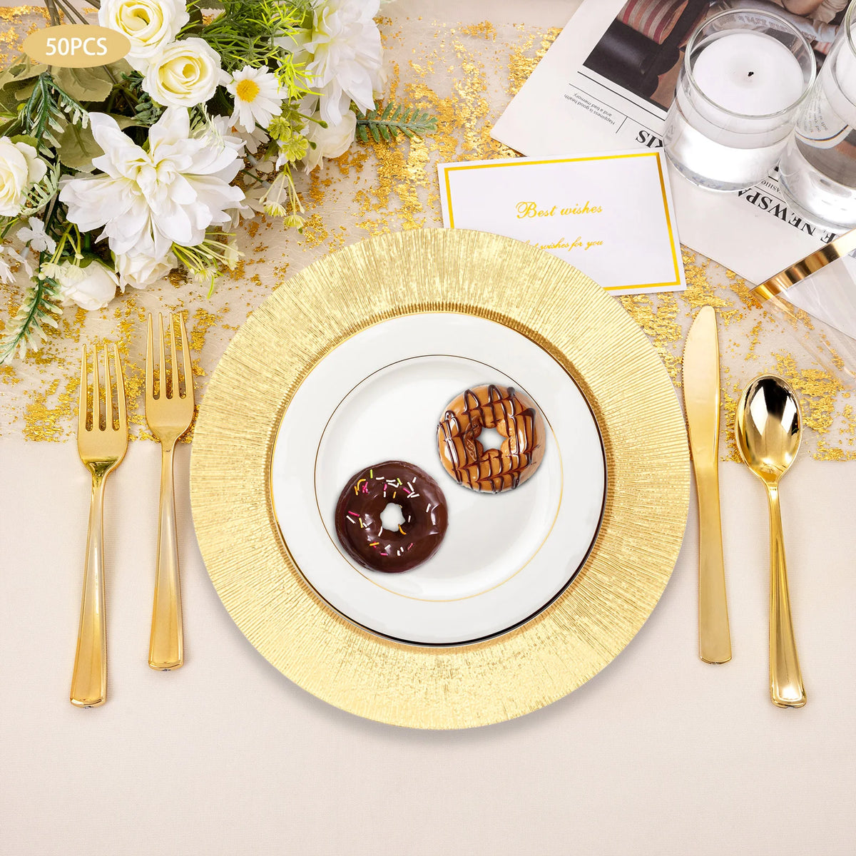 50-Pack Gold Charger Plates – Pp – 12.99" – Spray Painted – Stackable – for Wedding Party Banquet Table Decor – 17.64 Lbs
