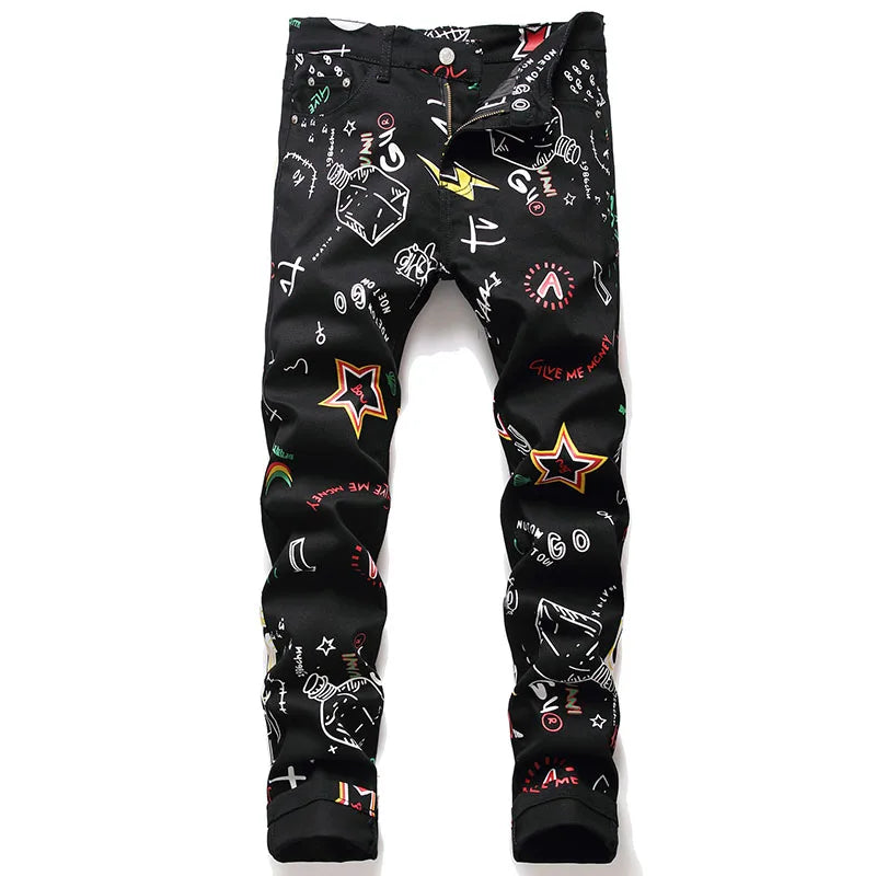 New Fashion Spring Autumn Men's 3D Printed Jeans Pantalon Hombre Black White Nightclubs Young Skinny Biker Denim Trousers