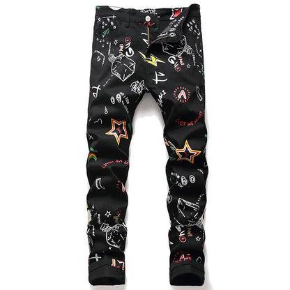 New Fashion Spring Autumn Men's 3D Printed Jeans Pantalon Hombre Black White Nightclubs Young Skinny Biker Denim Trousers