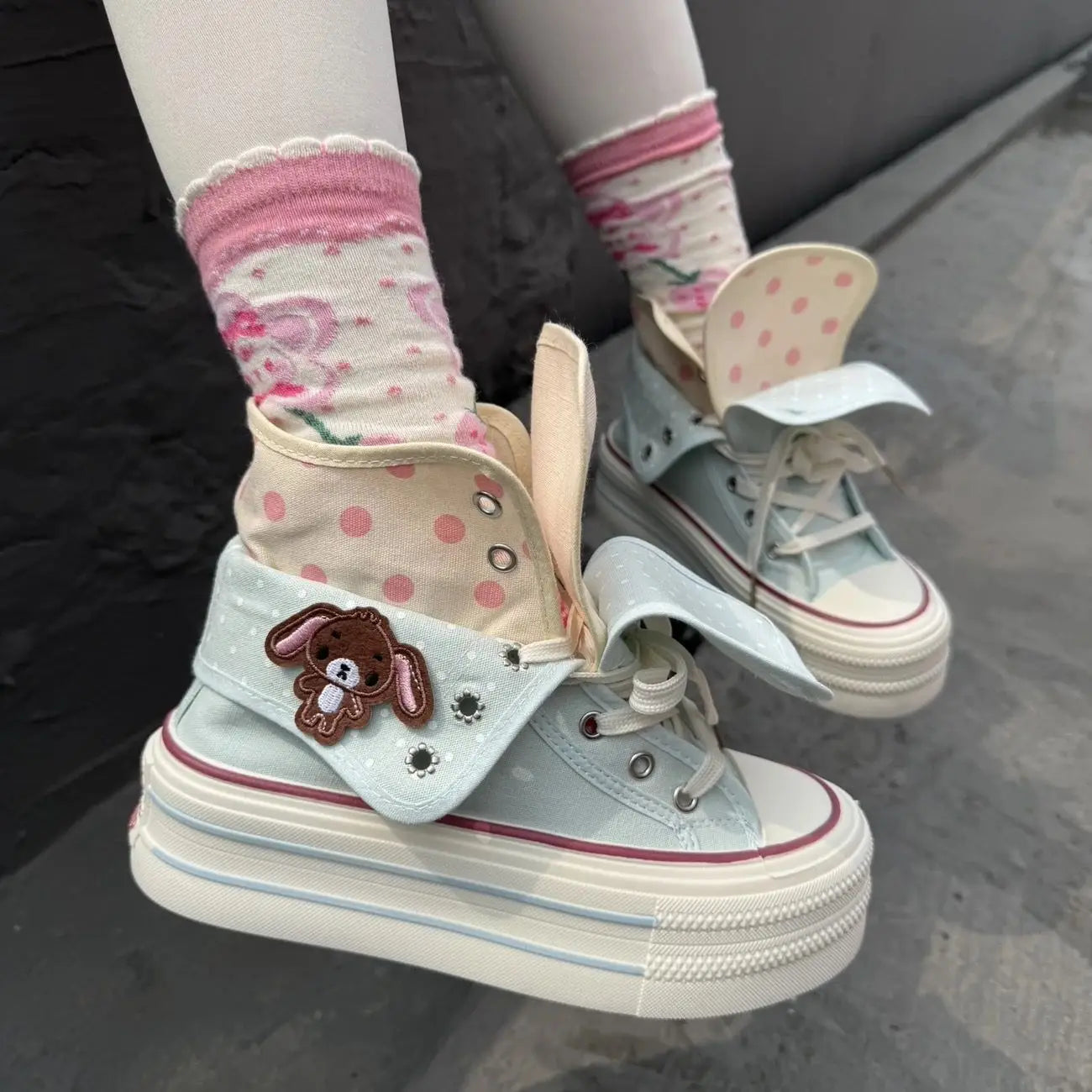 Chic Cartoon Women's Sports Shoes College Cute Platform High-top Summer Canvas Shoes for Girls Design Polka Dot Fold Sneakers