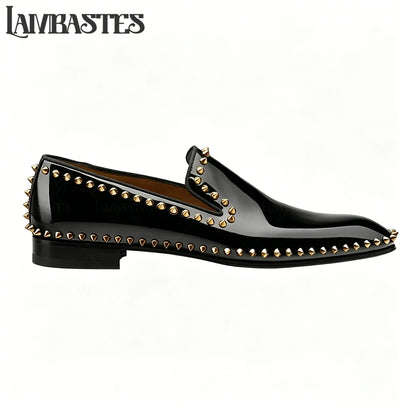 Metallic Stud Trimmed Mens Loafers Patent Matte PU Leather Slip on Shoes Edge Studded Accent Designer Style Formal Dress Shoes