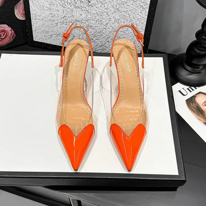 2026 Summer New Fairy-style Heart-shaped Pointed Toe Thin Heel Sandals for Women Transparent Patchwork Headpiece Back High Heels