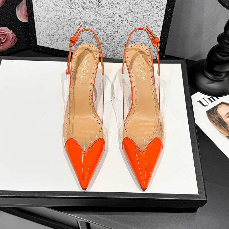 2026 Summer New Fairy-style Heart-shaped Pointed Toe Thin Heel Sandals for Women Transparent Patchwork Headpiece Back High Heels