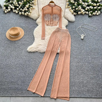 Fashion See Through Mesh Rhinestone Chic Long Sleeve Slim Short Top High Waist Wide Leg Pants Evening High Street Two-piece Sets