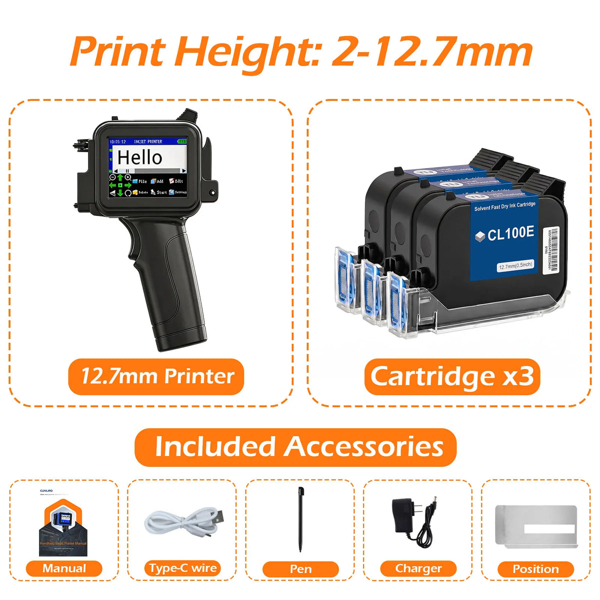 Cenliro Mini Handheld Inkjet Printer CL11P with Black Fast-drying Ink Cartridge for Date Batch Number Logo Code On Any Surfaces