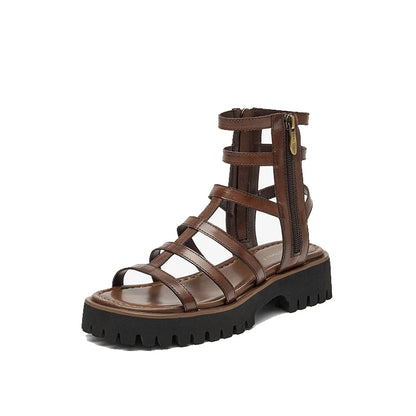 BeauToday Gladiator Sandals Women Genuine Leather Round Toe Ankle Metal Buckle Platform Summer Ladies Shoes Handmade 38215