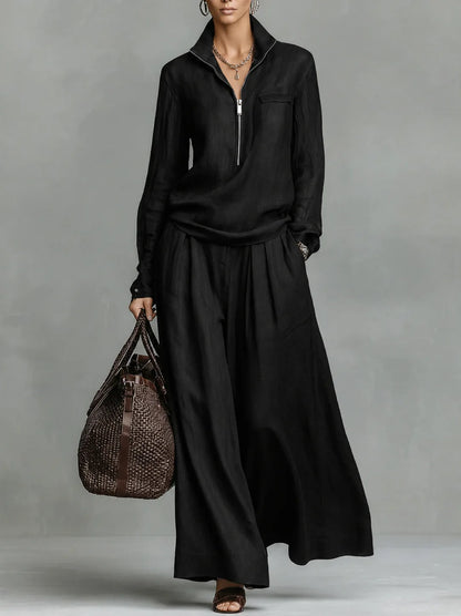 Elegant Solid Loose Two Piece Set Fashion Lapel Zipper Pullover & Wide-leg Pant Suit Women Casual Long Sleeve Outfits