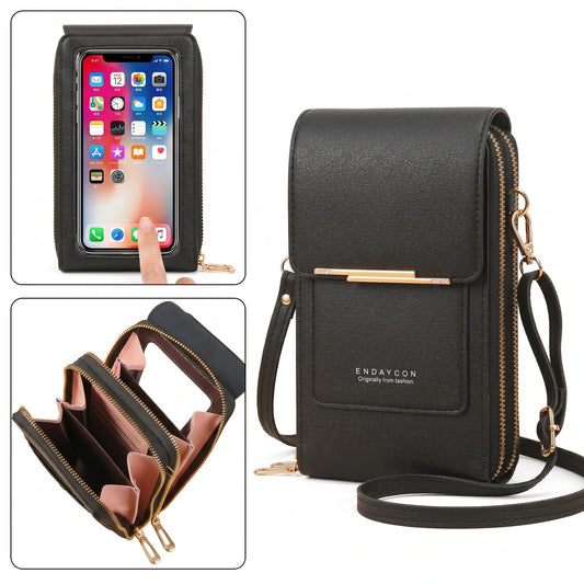 RFID Blocking Touch Screen Cell Phone Bag Women Mini PU Leather Lightweight Card Holder Crossbody Shoulder Bag Adjustable Strap