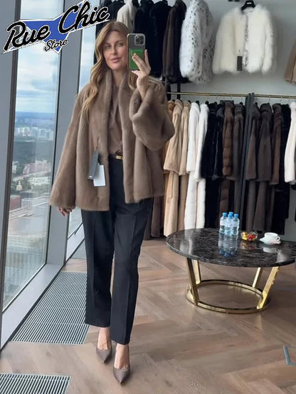 Collarless Long Sleeve Faux Fur Coats Women Brown Open Front Plush Warm Outerwear 2026 Lady Casual Loose Furry Daily Jackets New