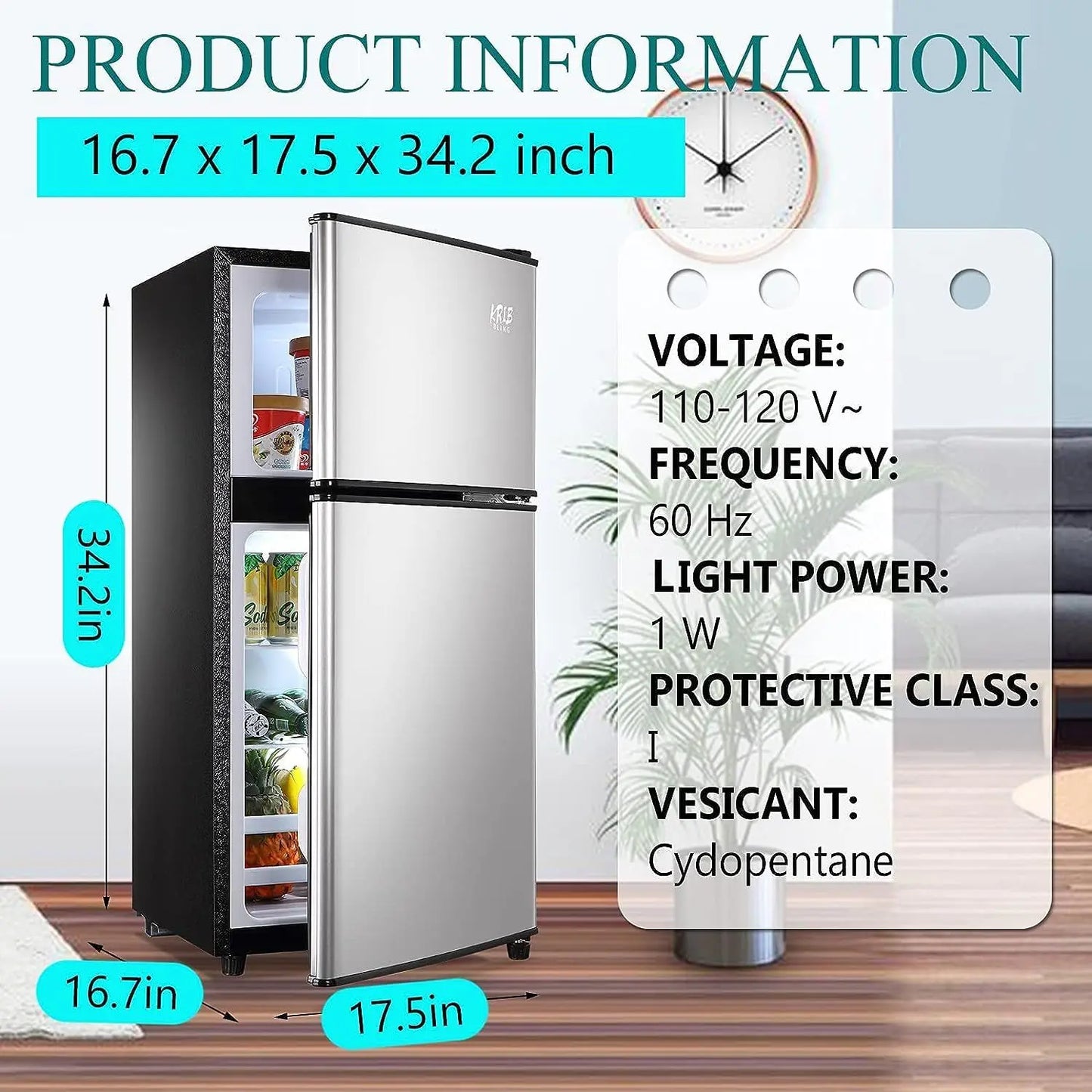 3.5Cu.Ft Compact Refrigerator Mini Fridge with Freezer, Small Compact Refrigerator with 2 Door, 7 Level Thermostat Removable Shelves for Kitchen, Dorm, Apartment, Bar, Office, Silver