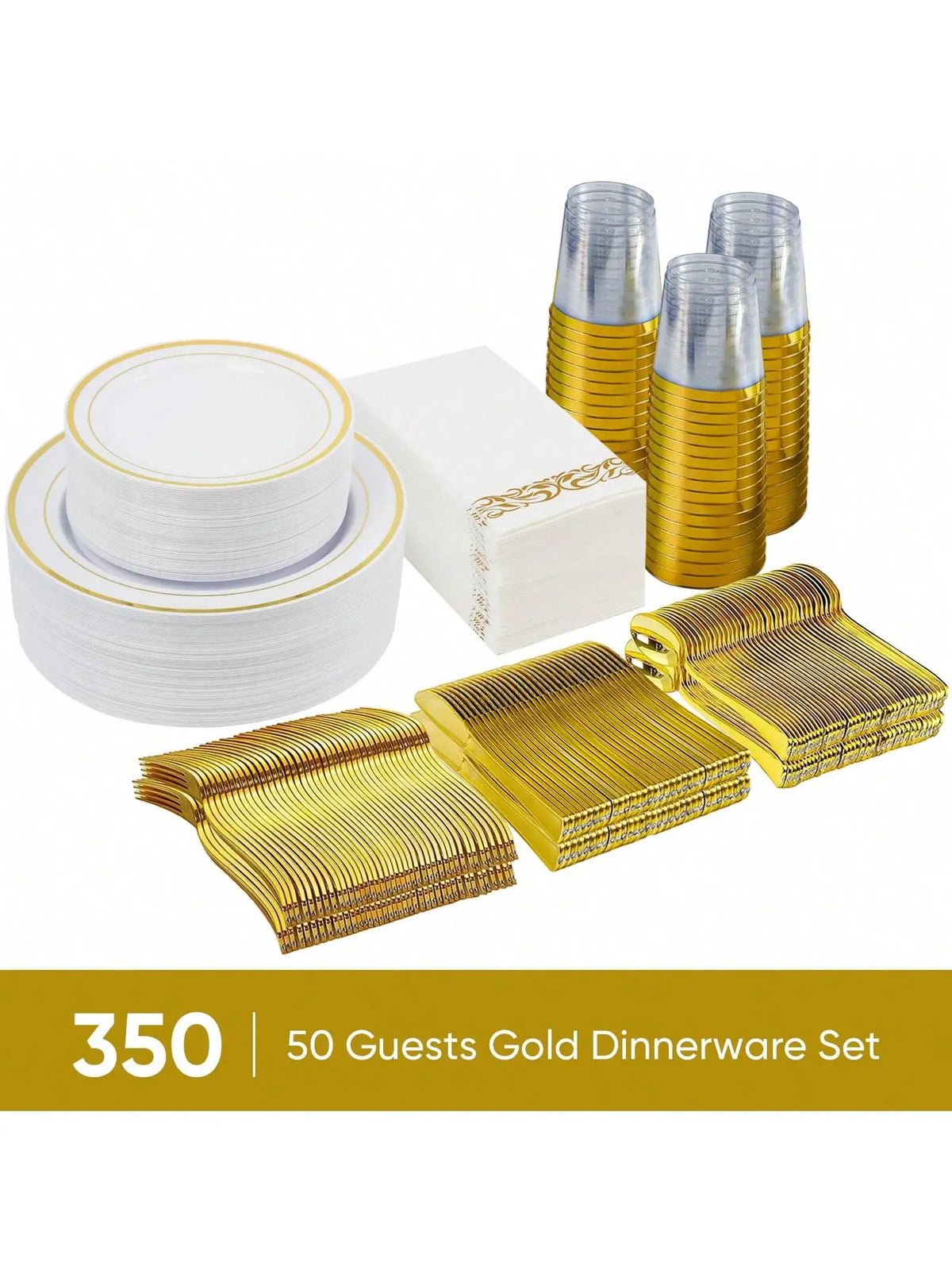 Disposable Dinnerware Set Elegant Luxury White Gold Rim Plastic Plates Gold Cutlery Cups Napkins 350 Pcs Serves 50 Guests Heavy Duty Party Tableware Set For Wedding Birthday Party Catering Showe