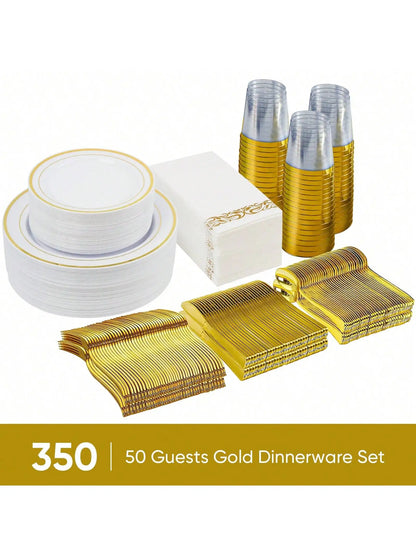 Disposable Dinnerware Set Elegant Luxury White Gold Rim Plastic Plates Gold Cutlery Cups Napkins 350 Pcs Serves 50 Guests Heavy Duty Party Tableware Set For Wedding Birthday Party Catering Showe