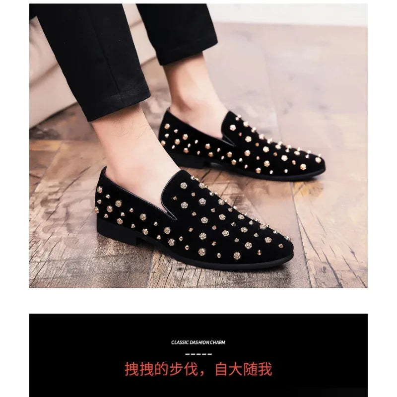 High Quality Casual Men Wedding Flats 2026 New Brand Black Spikes Mens Loafers Luxury Shoes Denim And Metal Sequins