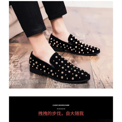 High Quality Casual Men Wedding Flats 2026 New Brand Black Spikes Mens Loafers Luxury Shoes Denim And Metal Sequins