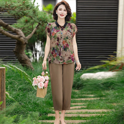 Summer 2025 Plus Size Cotton Linen Comfortable Women's Two-piece T-shirt+pants Buttoned T-shirt Set Outdoor Retro