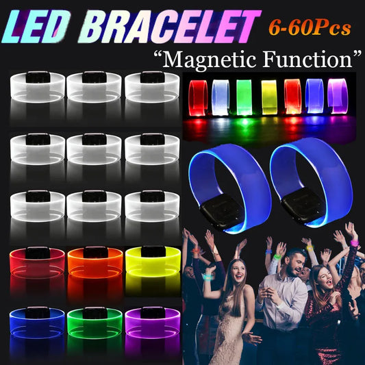 6-60Pcs LED Bracelets for Party Glow in The Dark Flashing Wristband 3 Modes Adjustable Light Up Armband for Wedding Party Favors
