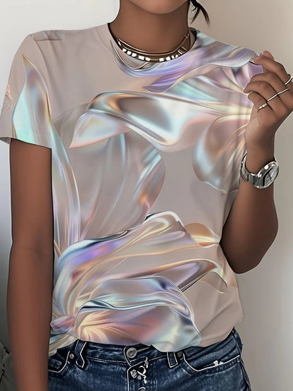 LUXURIOUS GLITTERY FEATHER PRINT IN GOLD, PINK & TEAL HUES—OPULENT, EYE-CATCHING STYLE. PAIR WITH JEANS FOR A STUNNING, GLAMOROU