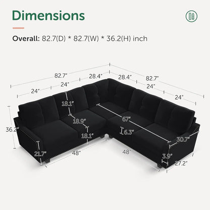 Convertible Sectional Sofa L Shaped Couch,Velvet Black, Custom