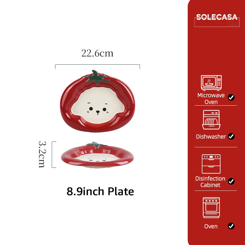 SHUNXIANG Tomato Puppy Ceramic Tableware Set Cute Cartoon Print Plates Soup Bowl Salad Pasta Microwave Safe Kitchen Dinnerware