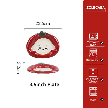 SHUNXIANG Tomato Puppy Ceramic Tableware Set Cute Cartoon Print Plates Soup Bowl Salad Pasta Microwave Safe Kitchen Dinnerware