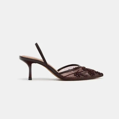2026 Spring/Summer New Women's Shoes Champagne Chinese Embroidery Mesh Pearl Pointed High Heels Thin Heels Baotou