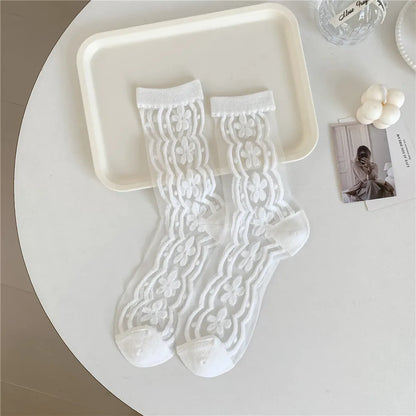 Transparent Crystal Silk Socks Women Fashion Ultra-thin Summer Harajuku Crew Socks Flower Streetwear Elastic Long Mesh Socks