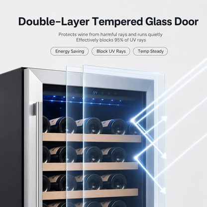 28-Bottle 24-Inch, 52-Bottle 24-Inch Wine Fridge Built-In Single-Zone Cooler | 41-64°F Digital Control, Compressor Cooling, Double-Pane Glass Door, LED Lighting, Lockable Door, Built-In or Freestanding