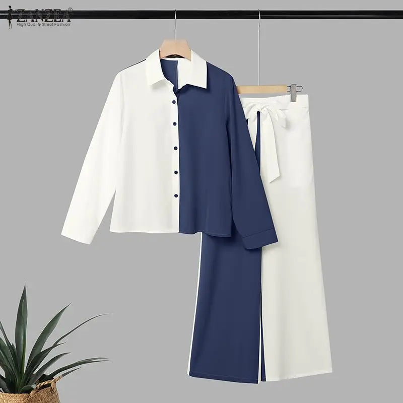 Fashion Women Matching Sets ZANZEA Autumn Long Sleeve Shirt Belted Wide Leg Pant Sets 2 Piece Chic Color-Blocking Office Outfits