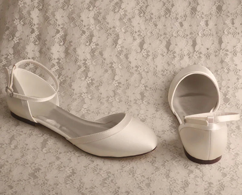 Customized Heel Ivory Satin Flat Bridal Wedding Shoes Rubber Sole Closed Toe Dance Shoes Flat with Ankle Strap