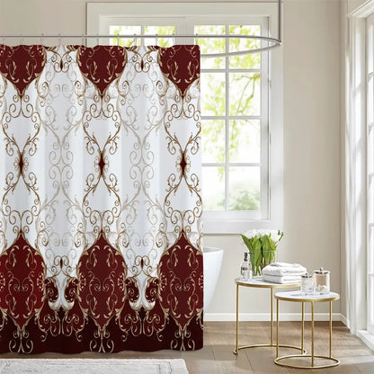 Luxury Red Gold Damask Print Shower Curtain, Waterproof Polyester Bathroom Curtain with Hooks