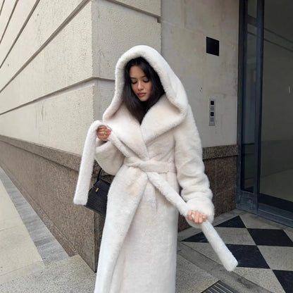 Luxury Long Faux Mink Fur Coat Women 2026 Warm Belted Hooded Fluffy Fur Jacket Thick Chunky Women's Winter Overcoat Outerwear