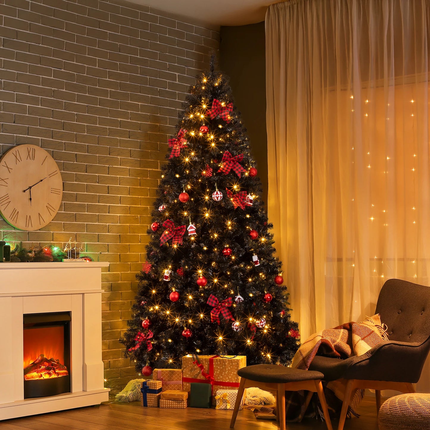 7.5FT Black Pre‑lit Artificial Christmas Tree, Hinged Xmas Tree with 350 Warm White LED Lights Remote Control, 1200 Branch Tips with Tree Skirt & Red Ornaments for Holiday Home Decor